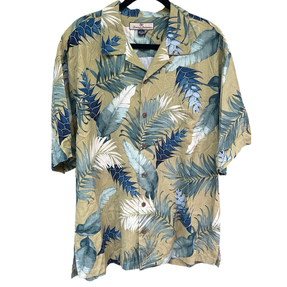 Tommy Bahama Men's Large 100% Silk Tropical Palms Camp Shirt Green Beachy EUC